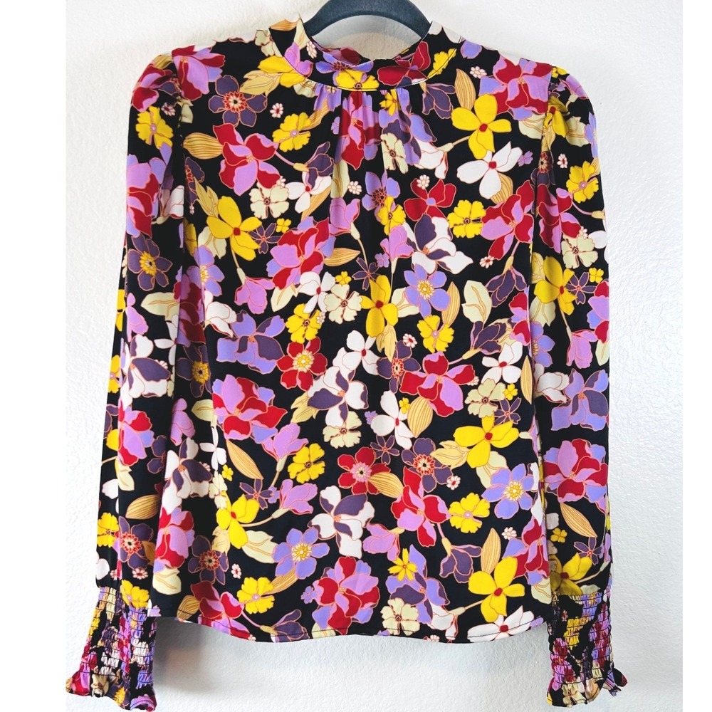 Who What Wear Floral Dopamine Mock Neck Blouse Black Yellow Smocked Cuff M